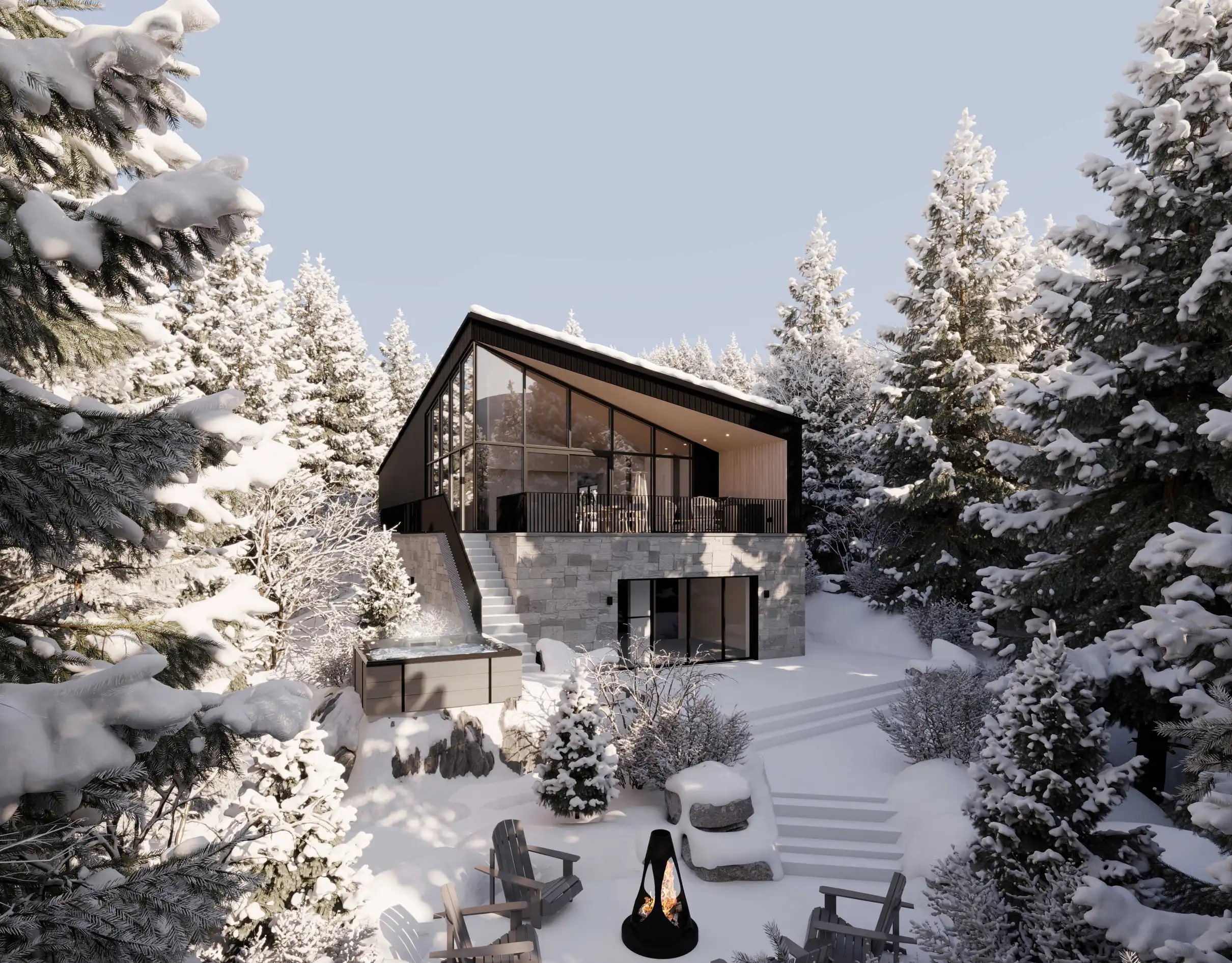 Vue extérieure de l’une des maisons à vendre dans les Laurentides du projet L’Hymne des Trembles pendant l’hiver