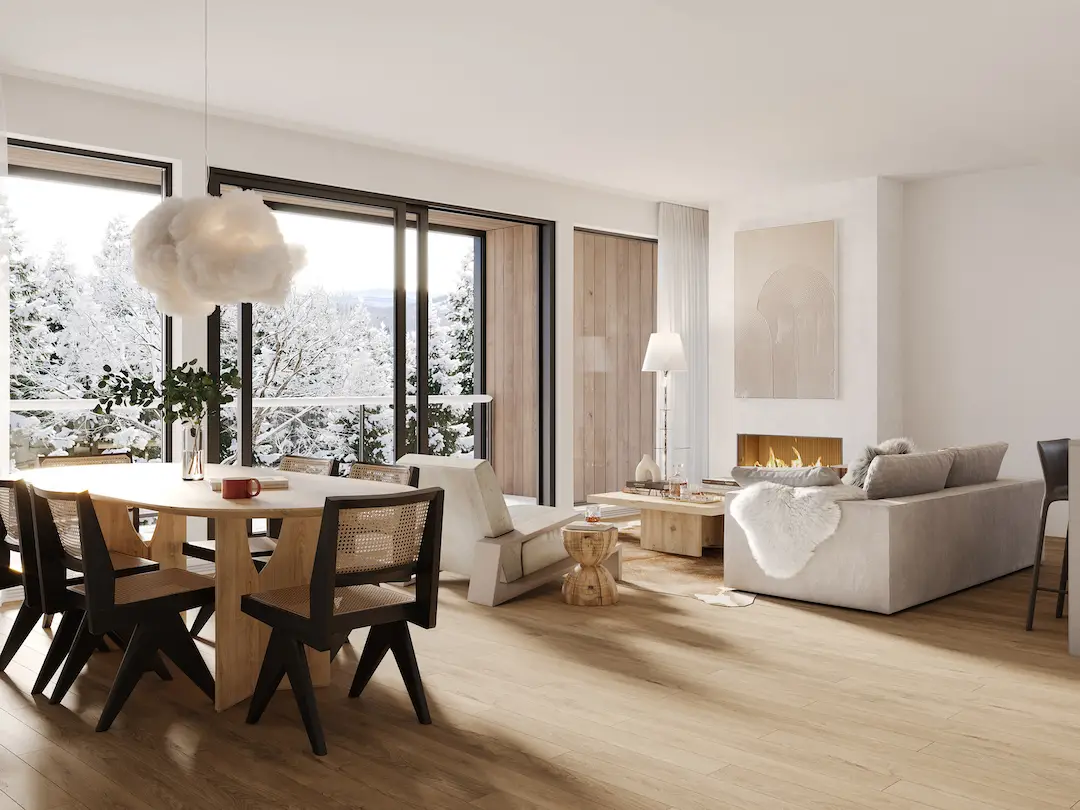 Salle de séjour de l’un des chalets à Mont Tremblant du projet L’Hymne des Trembles