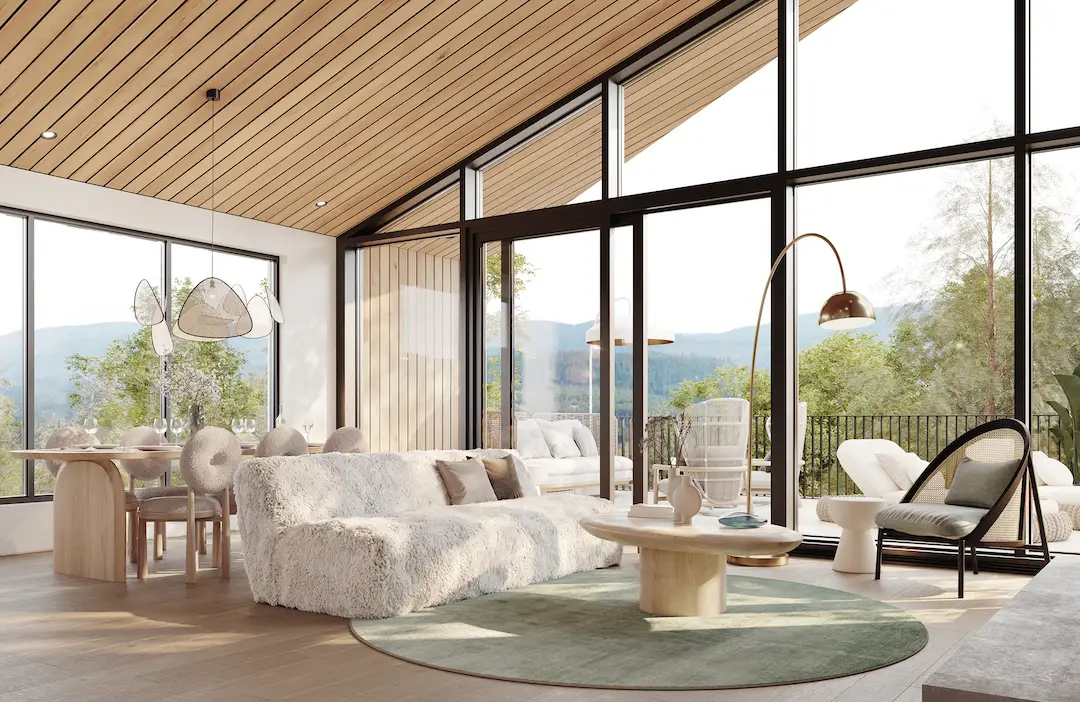 Salle de séjour avec vue extérieure des maisons à vendre à Mont Tremblant de L’Hymne des Trembles